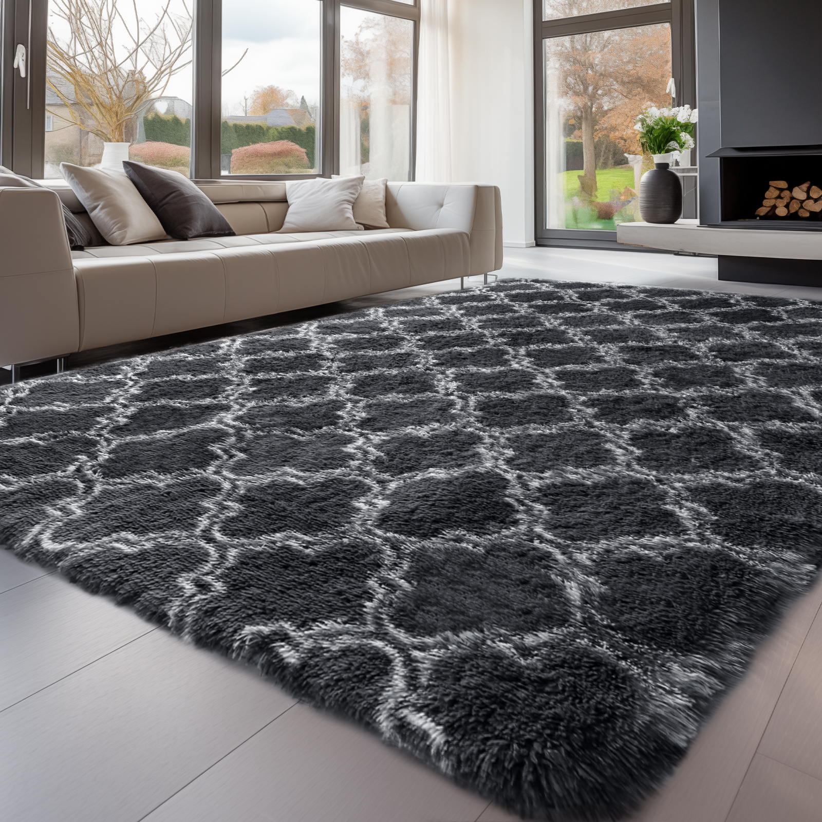 Sour Lemon Rugs Living Room, Grey Area Rugs for Bedroom, Washable Anti Slip Extra Large Shaggy Soft Rug Fluffy Modern Floor Carpets Mat Beside Rugs for Kids Living Room