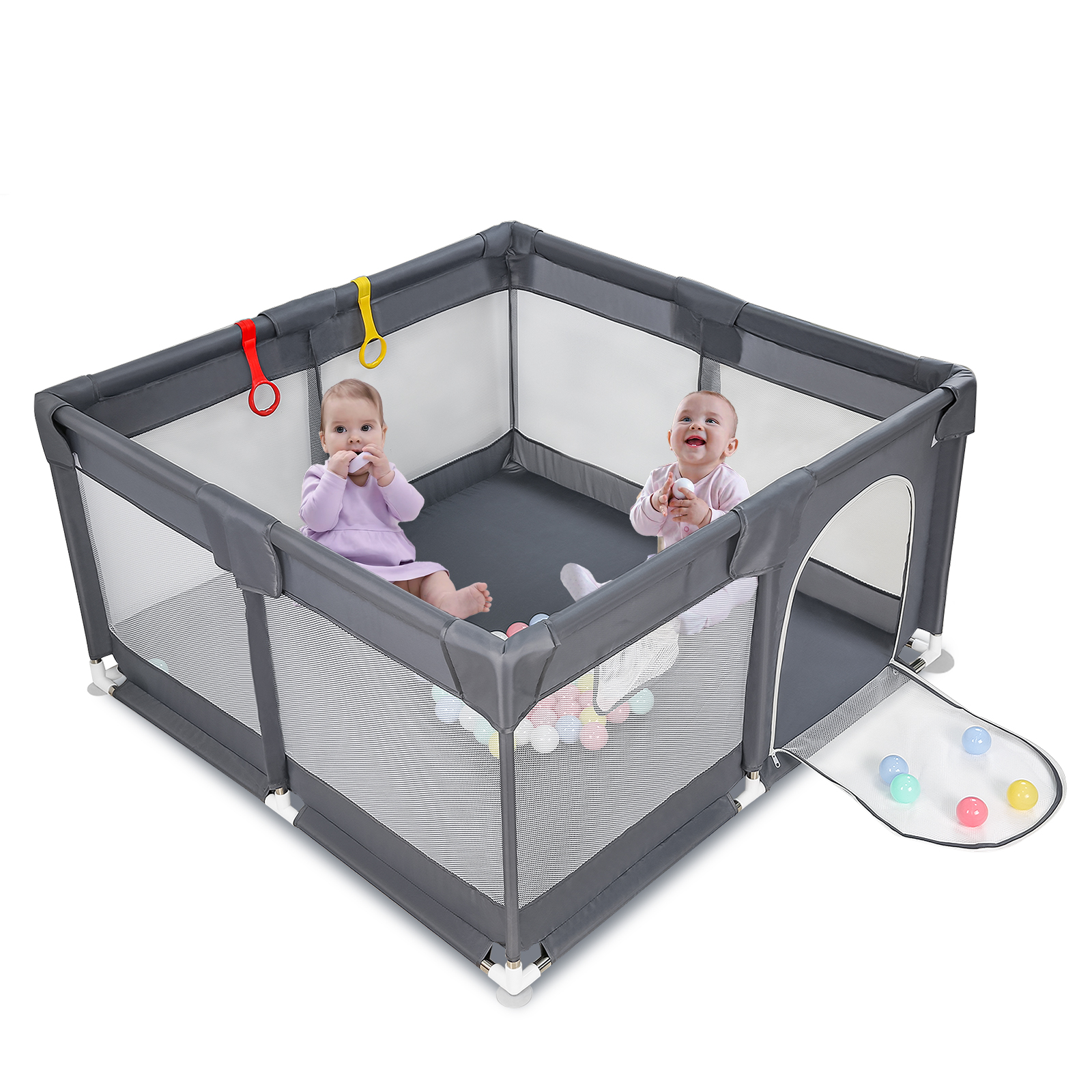Sour Lemon Baby Playpen for Baby and Toddlers, Kid’s Fence with Anti-Collision Foam and Breathable Mesh, Indoor Kids Activity Center, Including 50 Ocean Balls y 4 Pull Rings