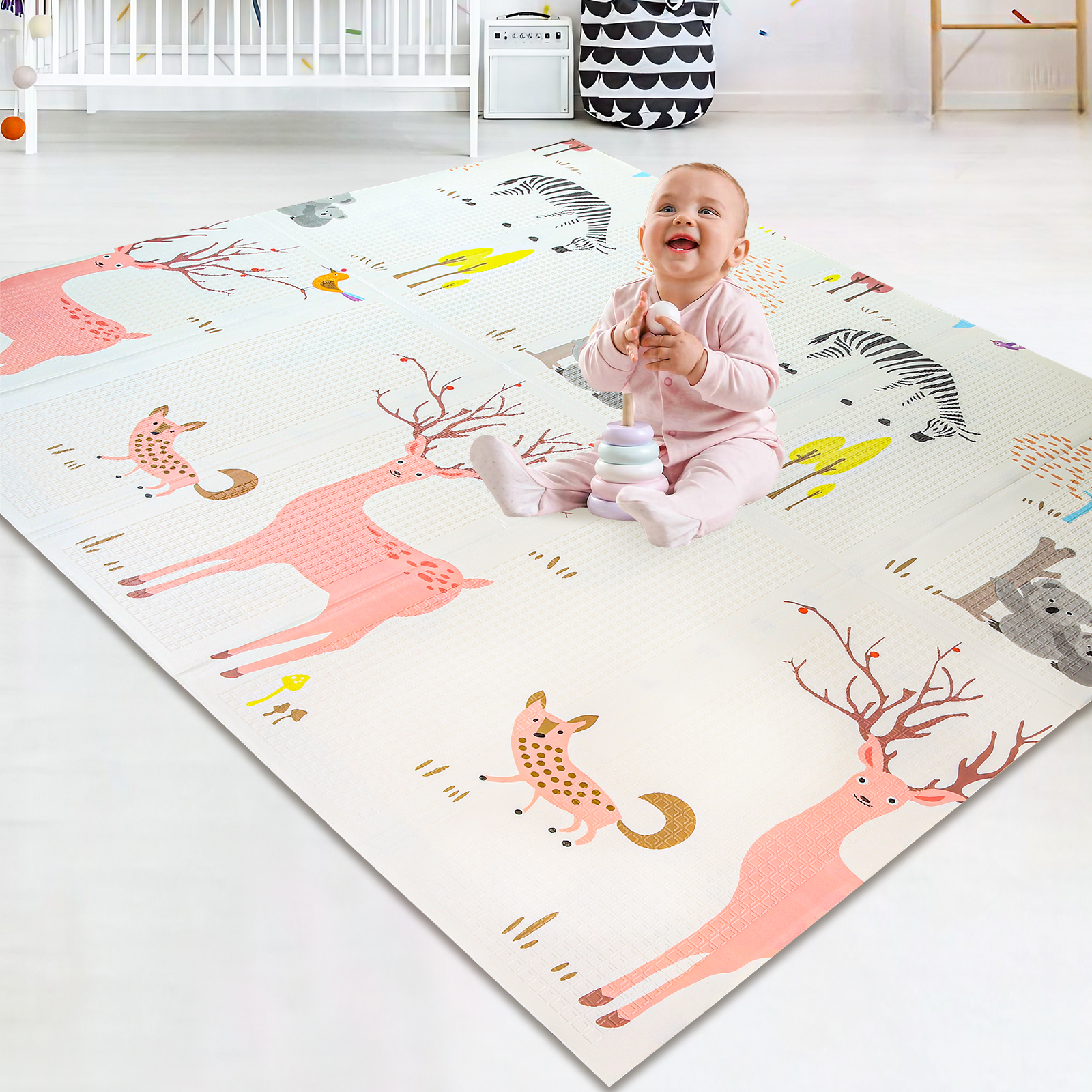 Sour Lemon 200x180cm Folding Wildlife Mat, Thick Padded Baby Crawl Mat, Baby Play Mat, Foldable Kids Playmat, Large Baby Activity Play Mat, Non-Slip, Waterproof, Double-Sided Playpen Mat