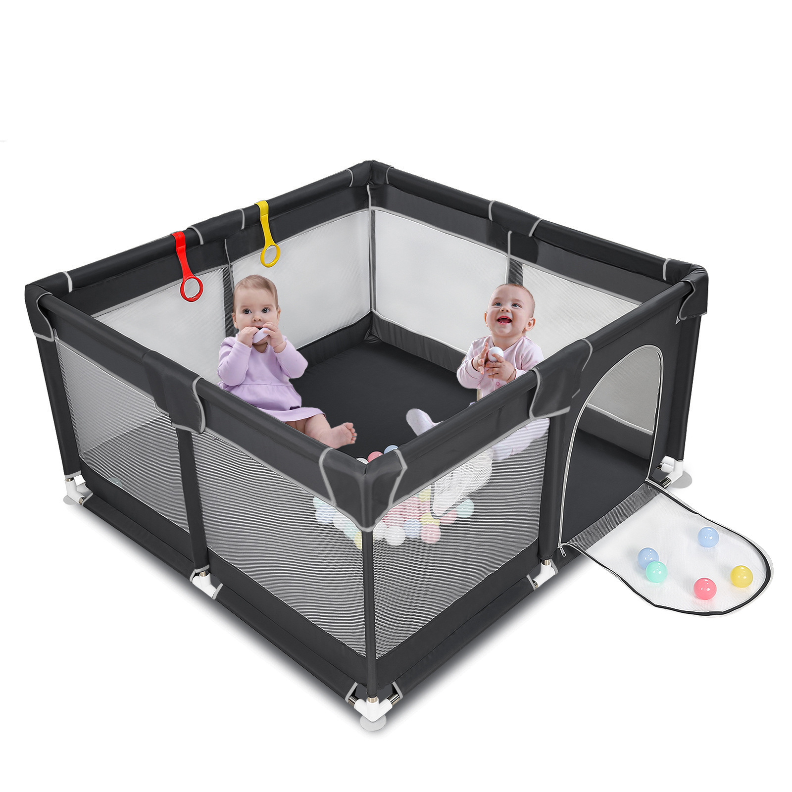 Sour Lemon Baby Playpen for Baby and Toddlers, Kid’s Fence with Anti-Collision Foam and Breathable Mesh, Indoor Kids Activity Center, Including 50 Ocean Balls y 4 Pull Rings