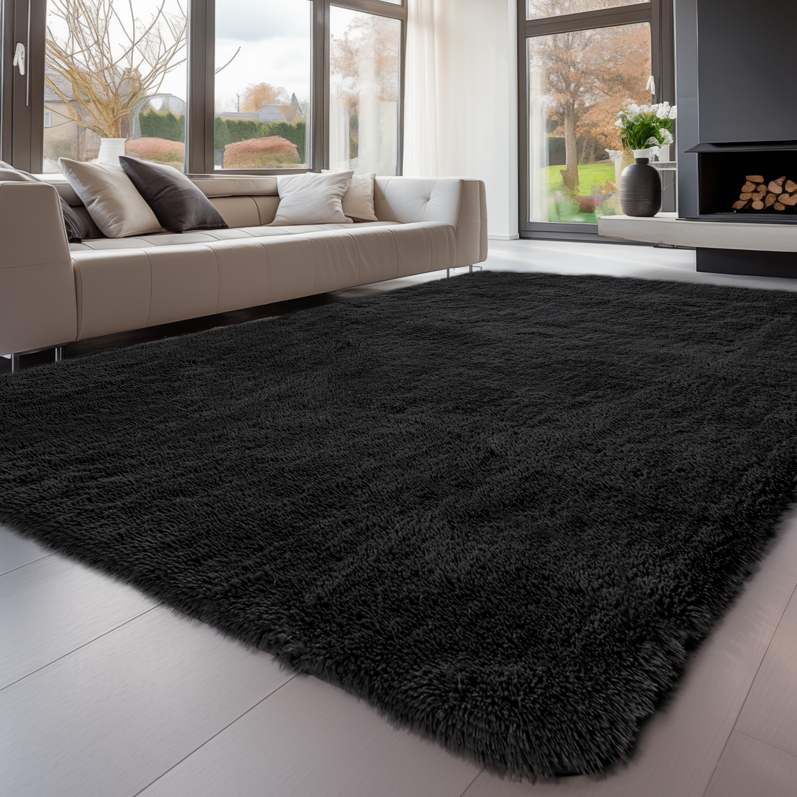 Sour Lemon Rugs Living Room, Black Area Rugs for Bedroom, Washable Anti Slip Extra Large Shaggy Soft Rug Fluffy Modern Floor Carpets Mat Beside Rugs for Kids Living Room