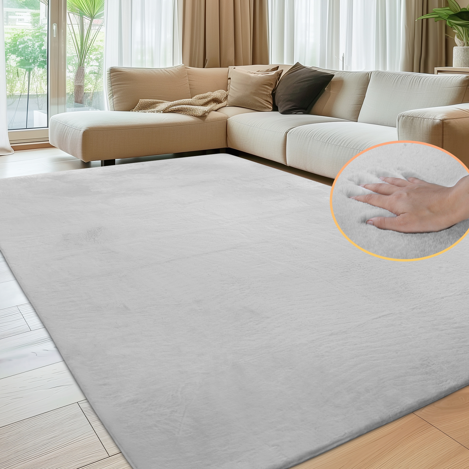 Sour Lemon Soft Rugs Living Room, Faux Rabbit Fur Rug Beige Area Rugs for Bedroom Rug, Luxury Anti Slip Rug Large Smooth Floor Carpet Short Pile Area Rug for Living Room, Bedroom, Kids Room Light Grey