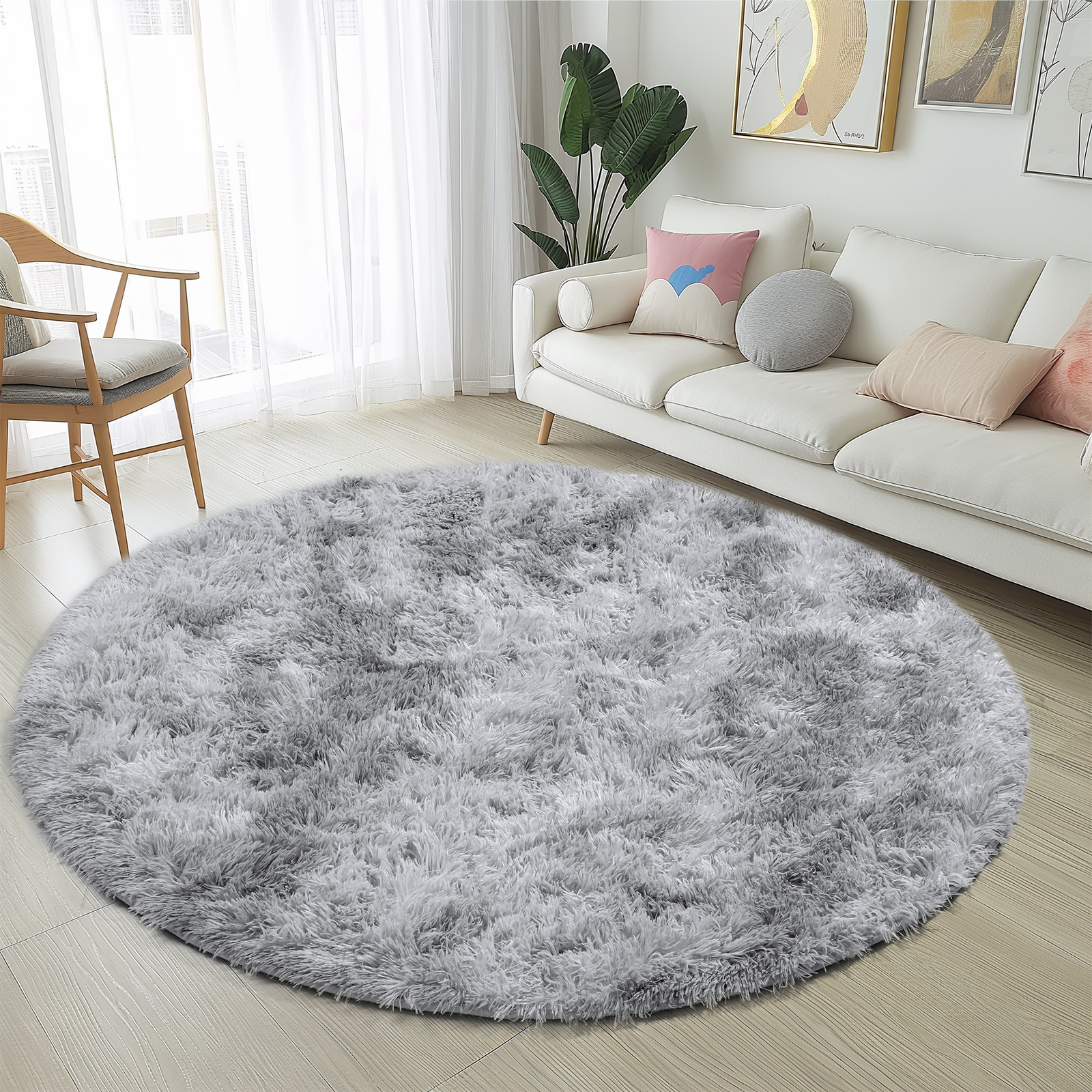 Sour Lemon Rugs Living Room, Grey Round rug for Bedroom, Washable Anti Slip Fluffy Rug Shaggy Soft Modern Floor Carpets Mat Beside Rugs for Kids Hallway Living Room
