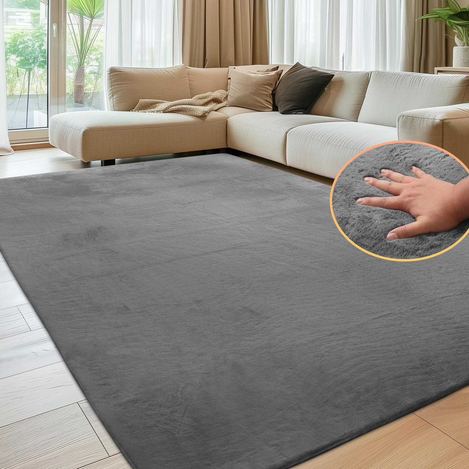 Sour Lemon Soft Rugs Living Room, Faux Rabbit Fur Rug Grey Area Rugs for Bedroom Rug, Luxury Anti Slip Rug Large Smooth Floor Carpet Short Pile Area Rug for Living Room, Bedroom, Kids Room Dark Grey