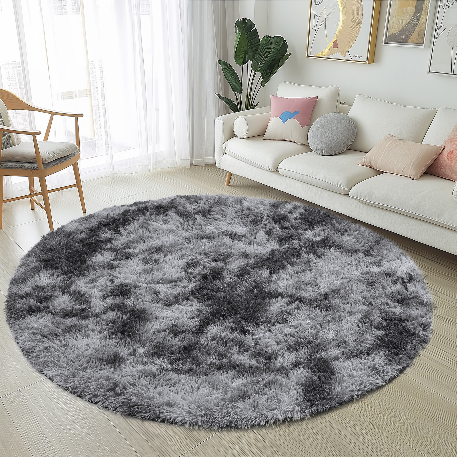 Sour Lemon Rugs Living Room, Grey Round rug for Bedroom, Washable Anti Slip Fluffy Rug Shaggy Soft Modern Floor Carpets Mat Beside Rugs for Kids Hallway Living Room